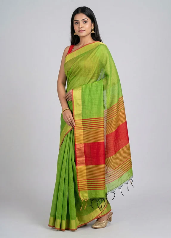 Green Dupion Silk Saree With Blouse Piece One Size