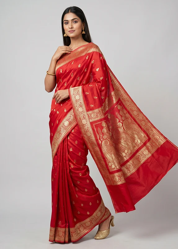 Red Banarasi Silk Saree With Blouse Piece One Size