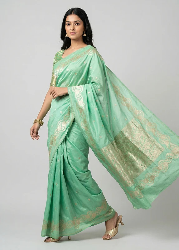 Green Katan Silk Saree With Blouse Piece One Size