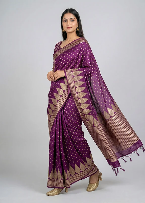 Purple Dupion Silk Saree With Blouse Piece One Size