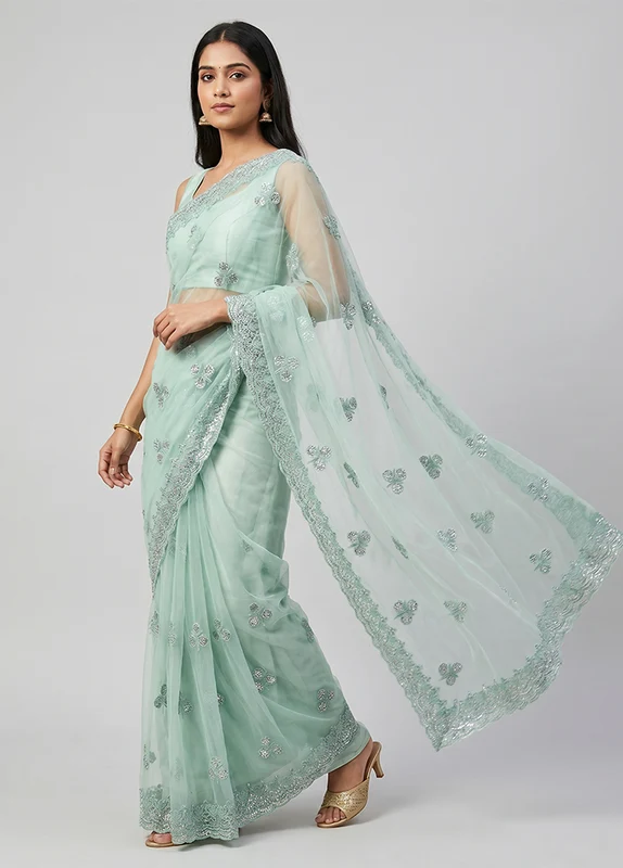 Green Organza Saree With Blouse Piece One Size