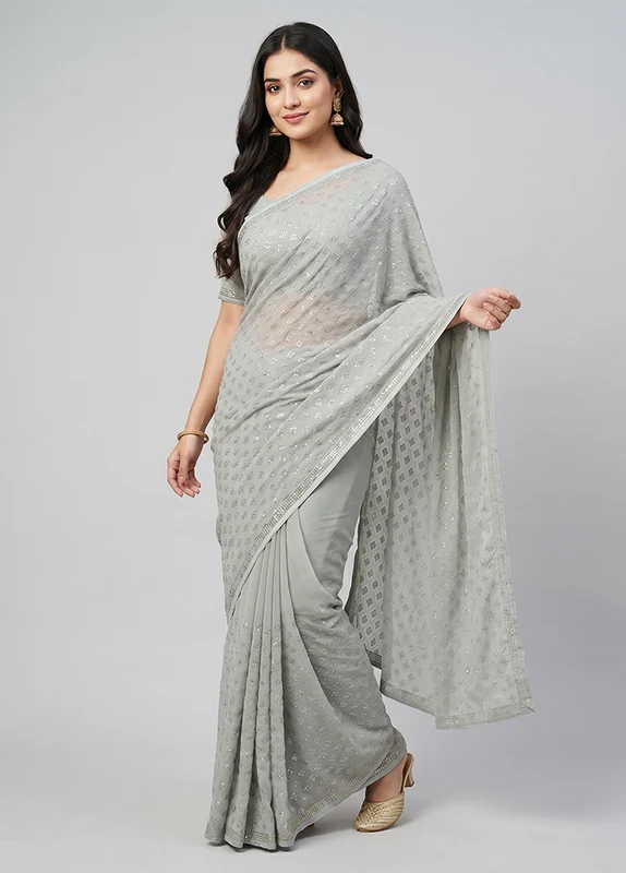 Green Chiffon Silk Saree With Blouse Piece One Size