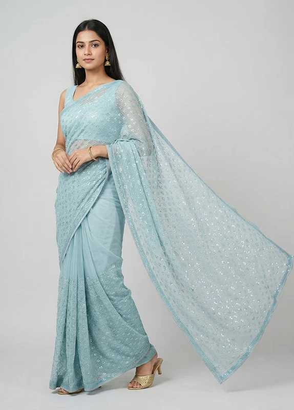 Blue Chiffon Silk Saree With Blouse Piece One Size