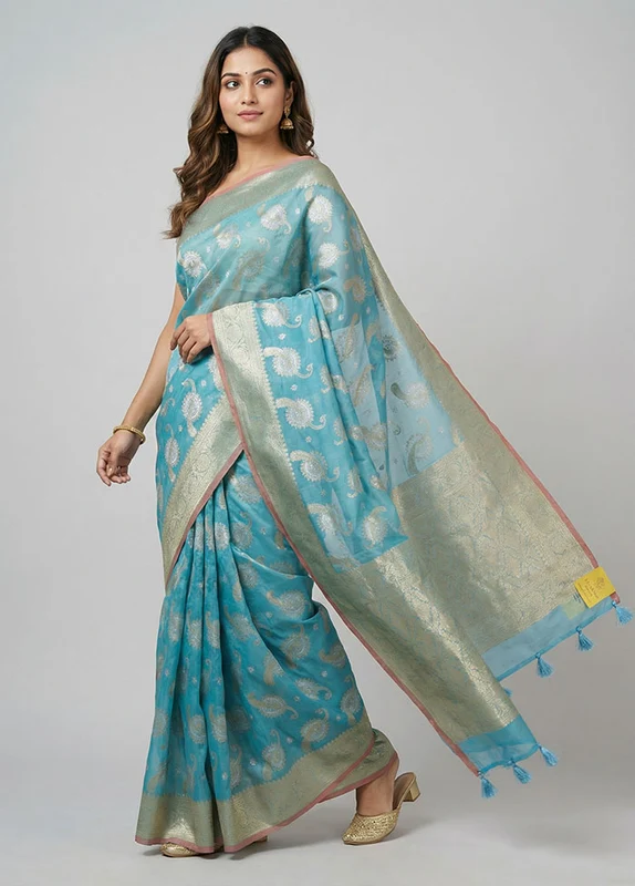 Blue Kora Silk Saree With Blouse Piece One Size