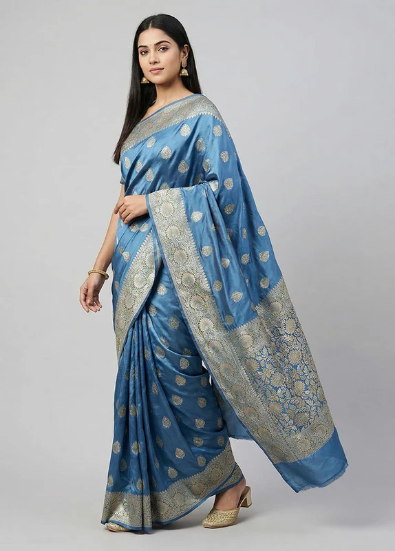 Blue Handloom Katan Pure Silk Saree With Blouse Piece One Size