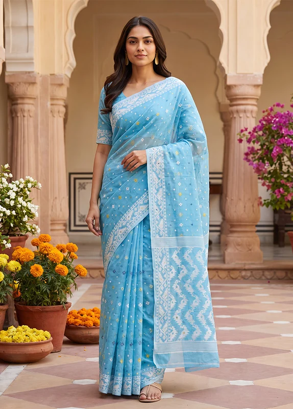 Blue Jamdani Cotton Saree Without Blouse Piece One Size
