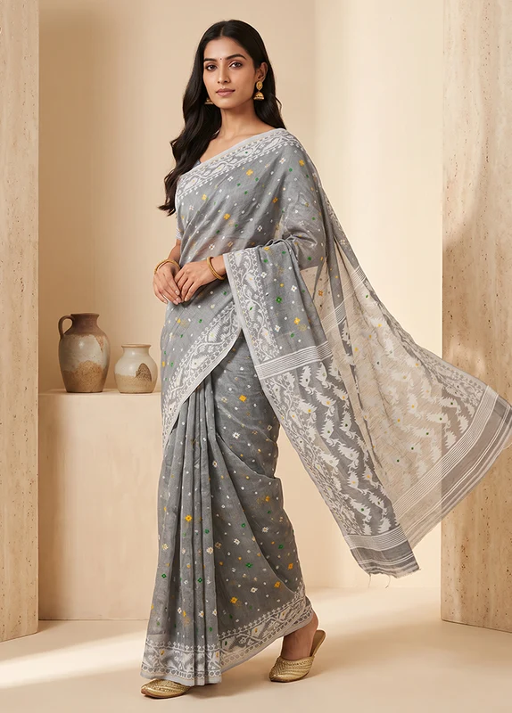 Grey Jamdani Cotton Saree Without Blouse Piece One Size