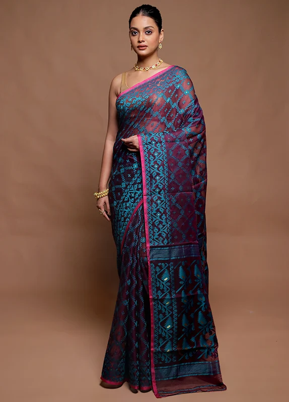 Purple Tant Jamdani Saree Without Blouse Piece Onesize