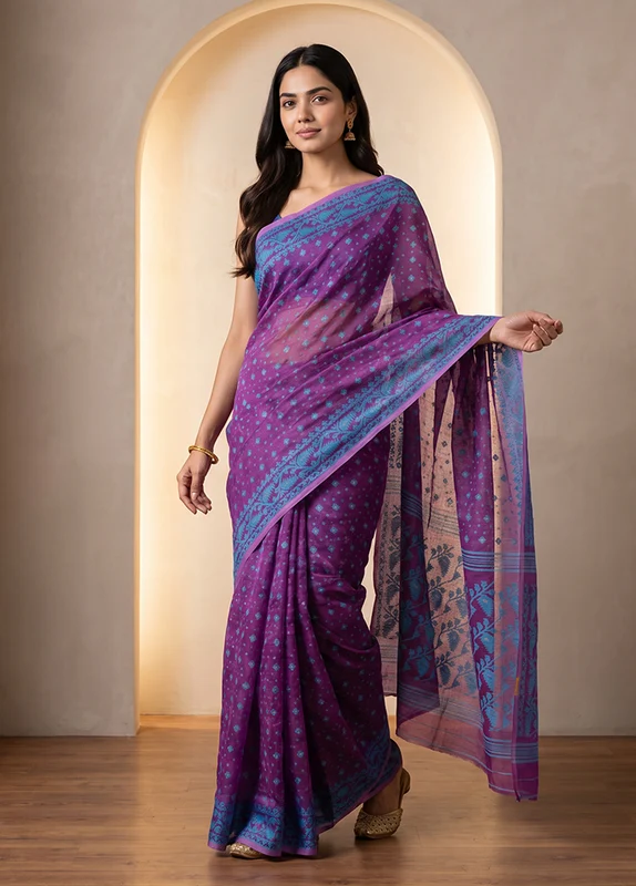 Purple Jamdani Cotton Saree Without Blouse Piece One Size