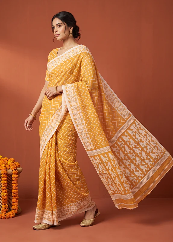 Peach Jamdani Cotton Saree Without Blouse Piece One Size
