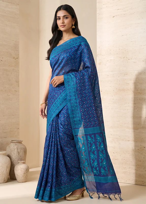 Blue Jamdani Cotton Saree Without Blouse Piece One Size
