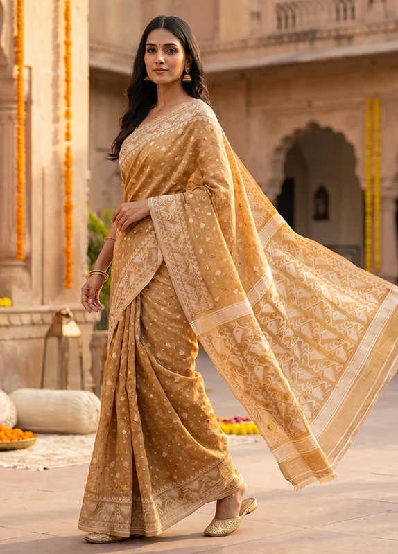 Peach Jamdani Cotton Saree Without Blouse Piece One Size