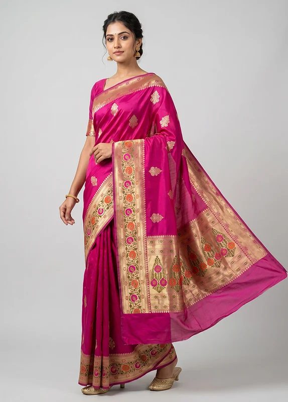 Pink Handloom Katan Pure Silk Saree With Blouse Piece One Size