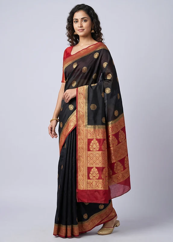 Black Dupion Silk Saree With Blouse Piece One Size