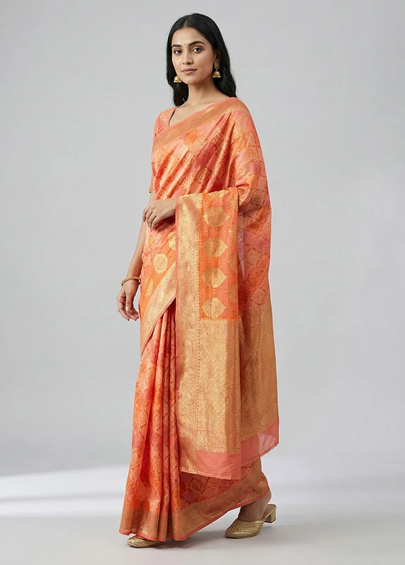 Orange Organza Saree With Blouse Piece One Size