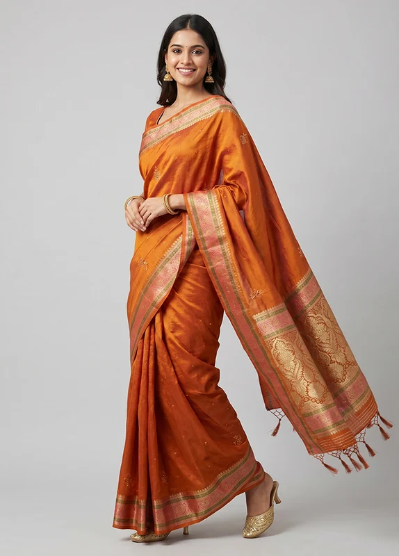 Rust Dupion Silk Saree With Blouse Piece One Size