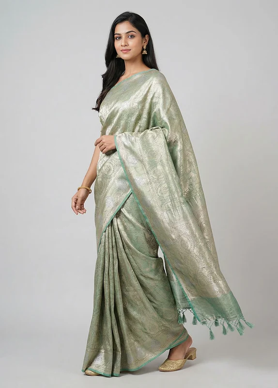 Blue Tissue Silk Saree With Blouse Piece One Size