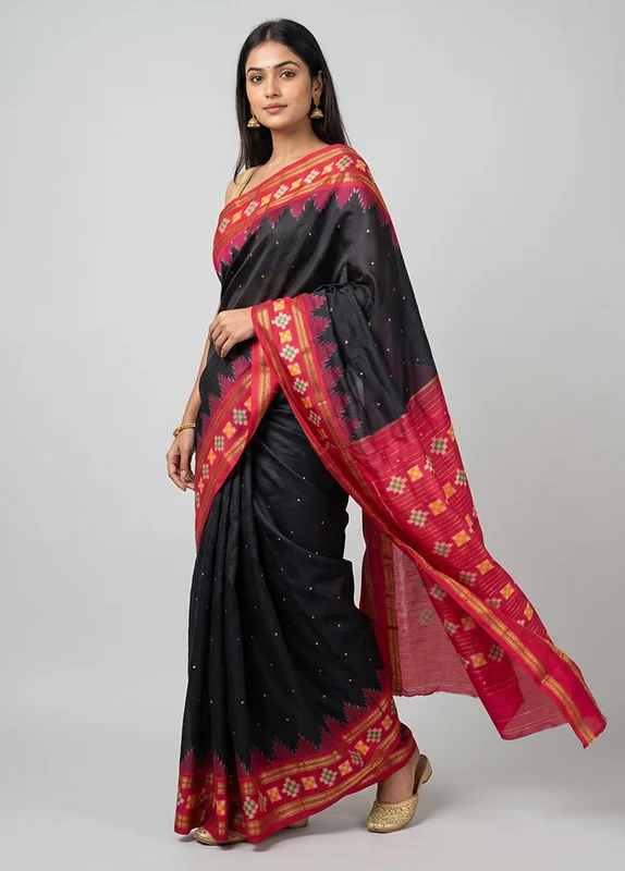 Black Handloom Ikkat Pure Silk Saree With Blouse Piece One Size