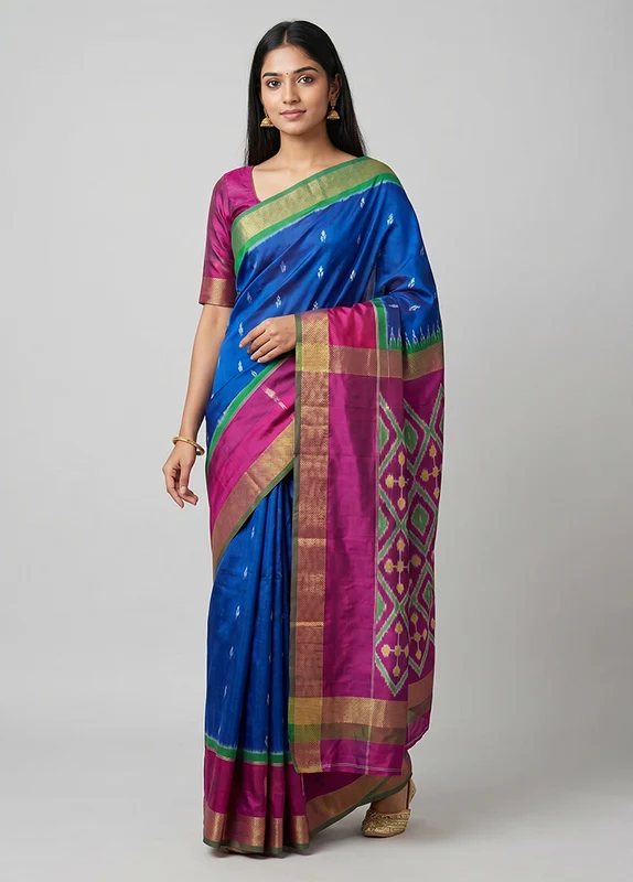 Blue Handloom Ikkat Pure Silk Saree With Blouse Piece One Size