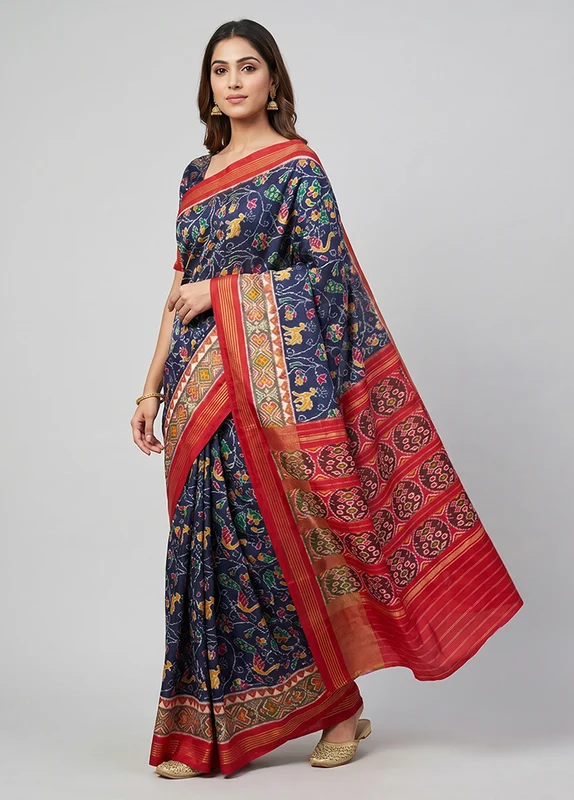 Blue Handloom Ikkat Pure Silk Saree With Blouse Piece One Size