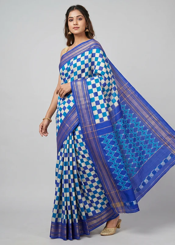 White Handloom Ikkat Pure Silk Saree With Blouse Piece One Size