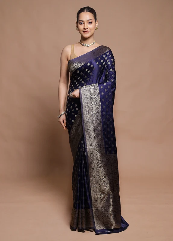 Blue Dupion Silk Saree With Blouse Piece Onesize
