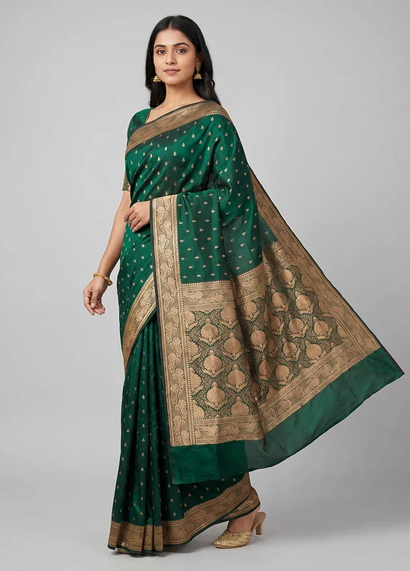 Green Banarasi Silk Saree With Blouse Piece One Size