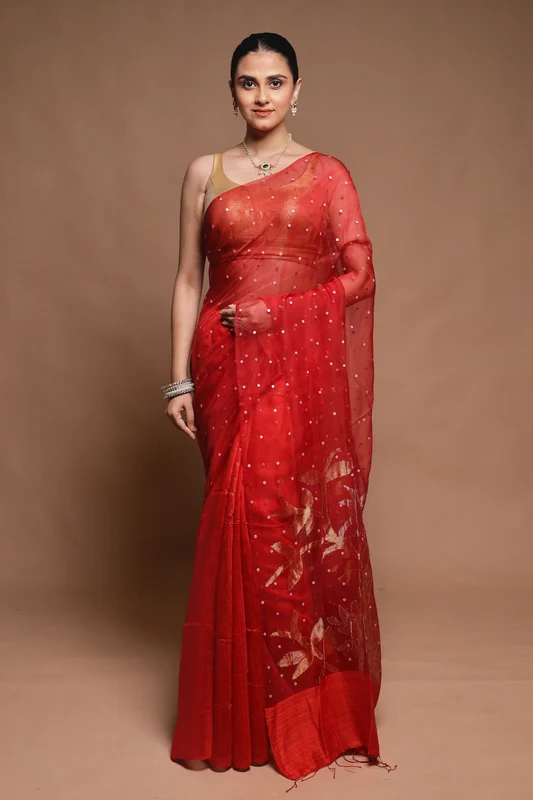 Red Handloom Matka Pure Silk Saree With Blouse Piece Onesize