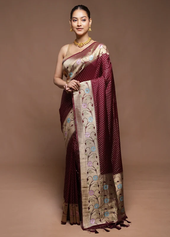 Maroon Dupion Silk Saree With Blouse Piece Onesize