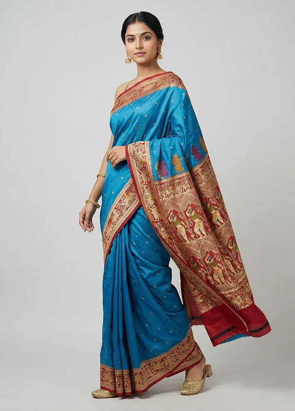 Blue Handloom Katan Pure Silk Saree With Blouse Piece One Size
