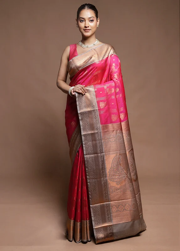 Pink Kanjivaram Silk Saree With Blouse Piece Onesize