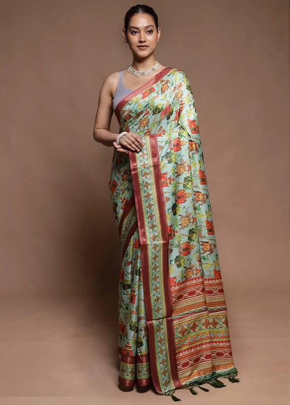 Green Dupion Silk Saree With Blouse Piece Onesize