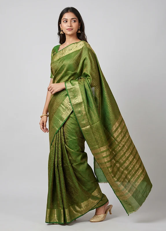 Green Dupion Silk Saree With Blouse Piece One Size