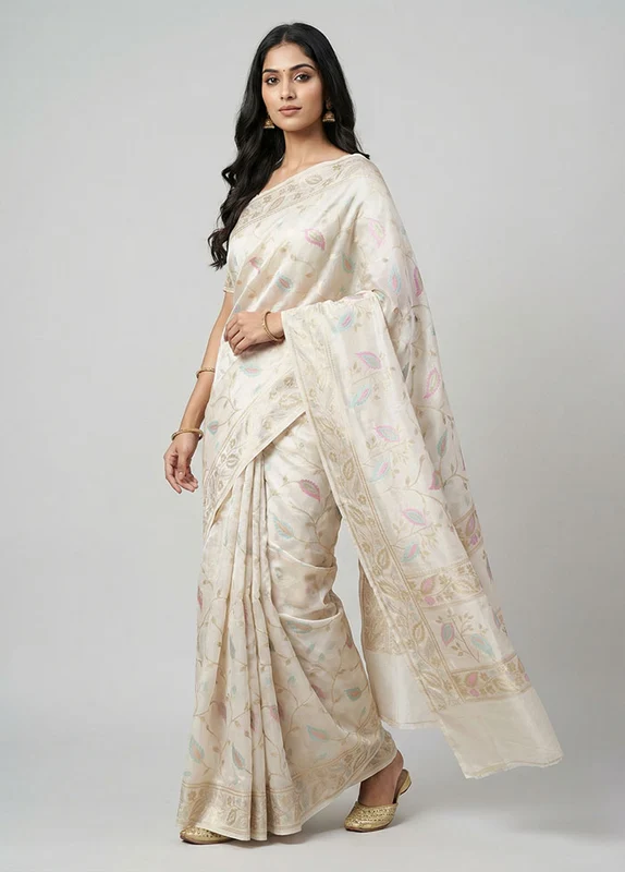 White Organza Saree With Blouse Piece One Size
