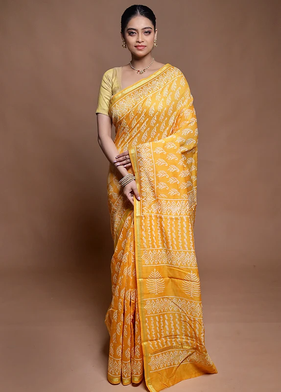 Yellow Chanderi Cotton Saree With Blouse Piece Onesize