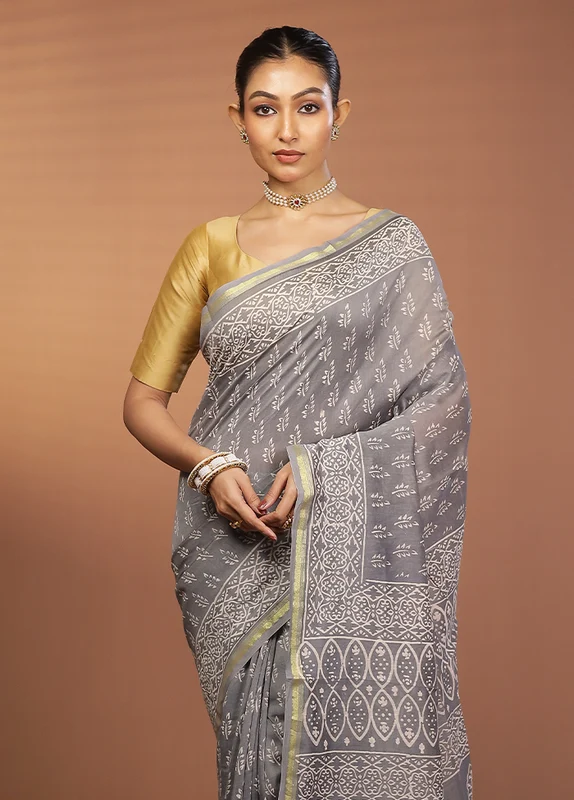 Grey Chanderi Silk Saree With Blouse Piece One Size