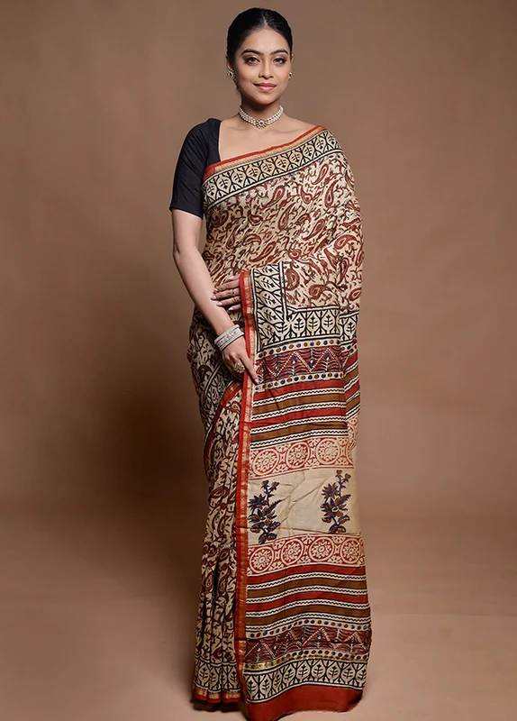 Cream Chanderi Cotton Saree With Blouse Piece Onesize