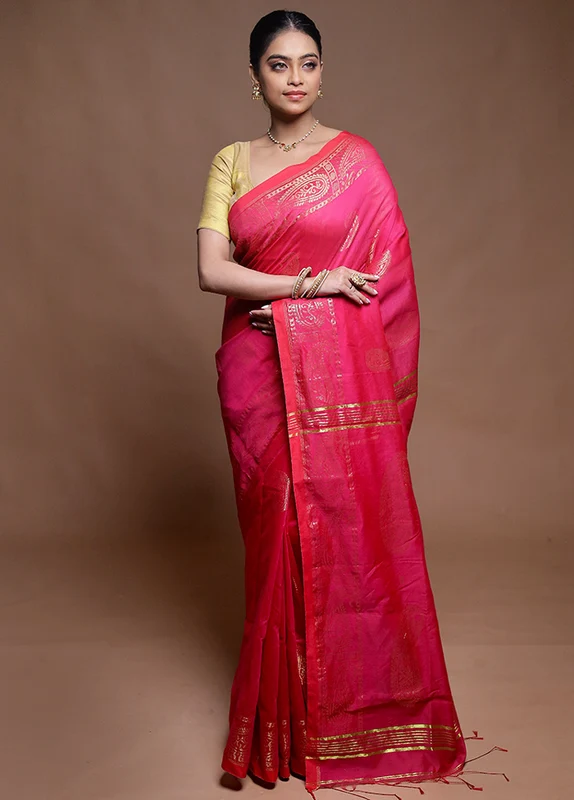 Pink Cotton Saree With Blouse Piece Onesize