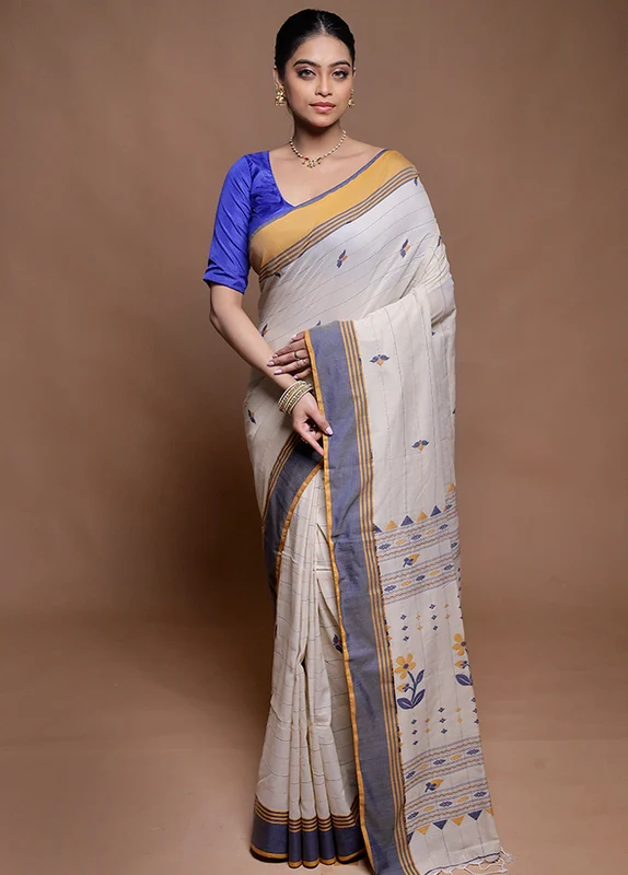 Cream Cotton Saree With Blouse Piece Onesize