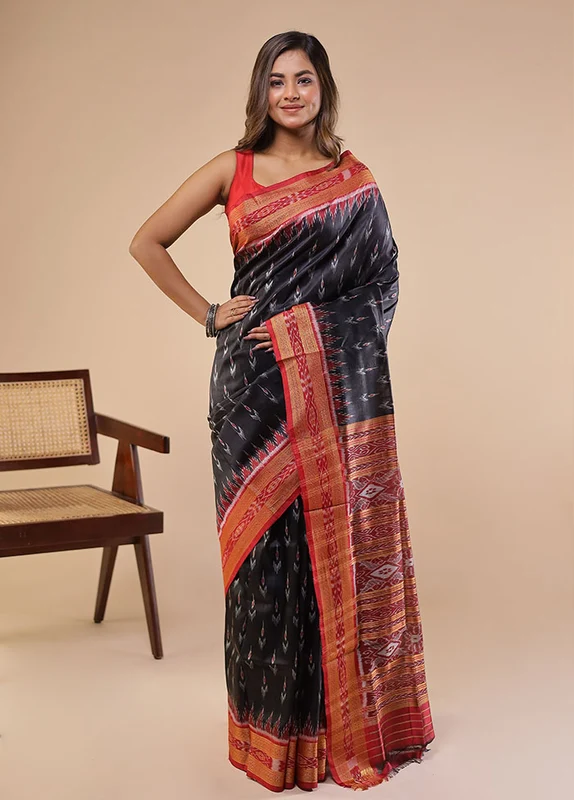 Black Handloom Ikkat Pure Silk Saree Without Blouse Piece One Size