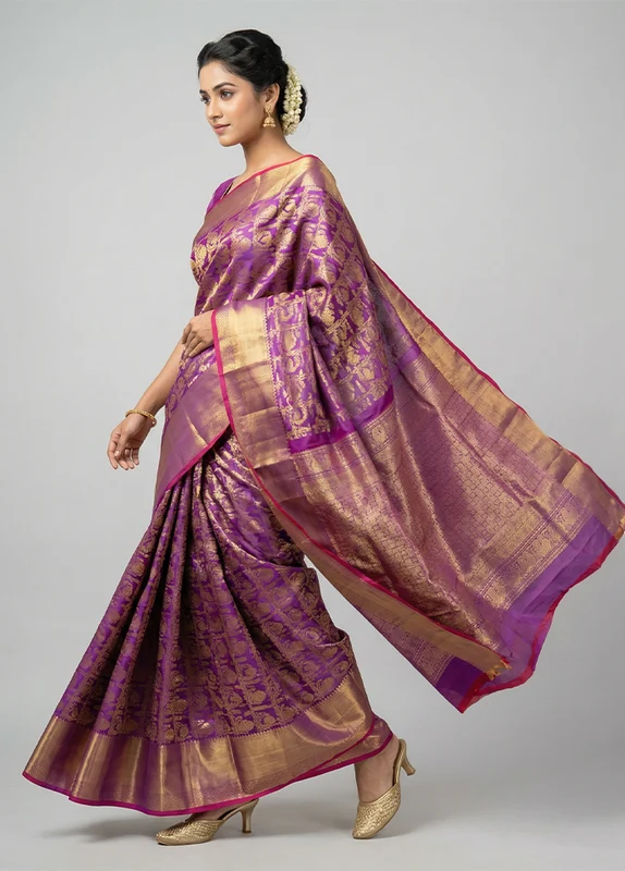 Purple Handloom Kanchipuram Pure Silk Saree With Blouse Piece One Size