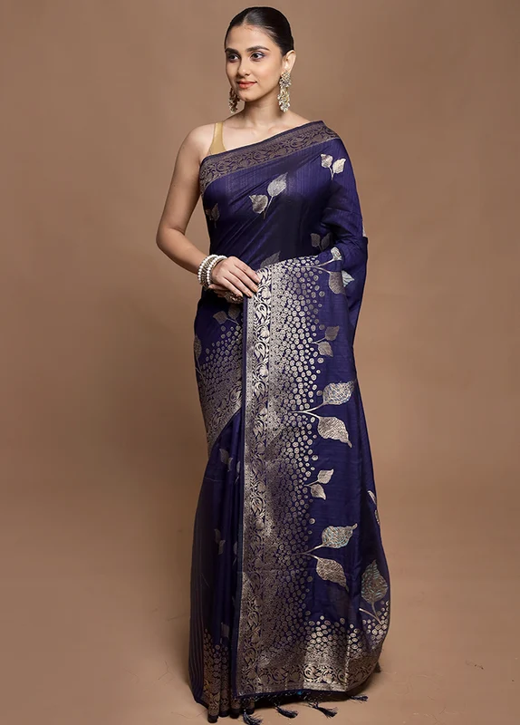 Blue Dupion Silk Saree With Blouse Piece Onesize