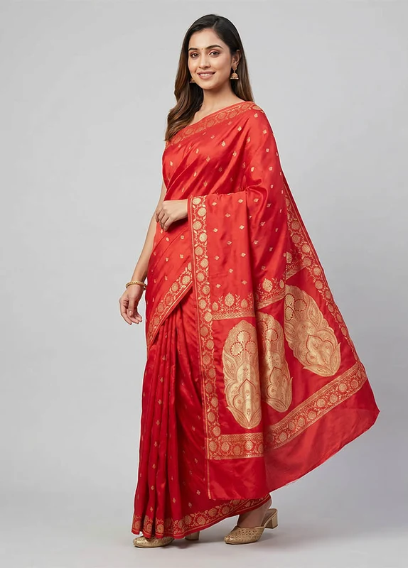 Red Banarasi Silk Saree With Blouse Piece One Size