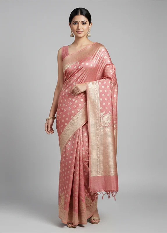 Pink Tissue Silk Saree With Blouse Piece One Size