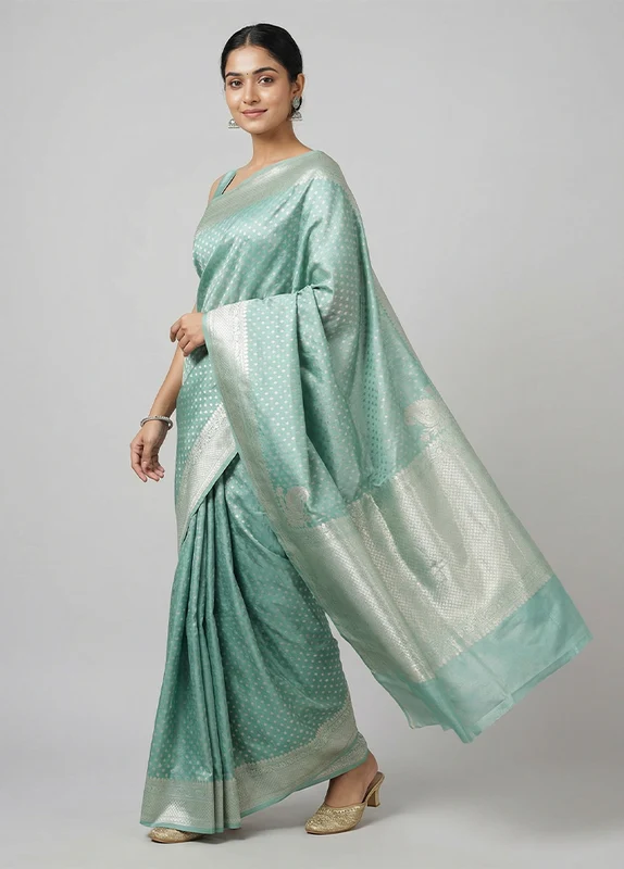 Green Tissue Silk Saree With Blouse Piece One Size
