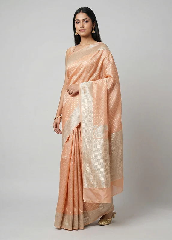 Peach Tissue Silk Saree With Blouse Piece One Size