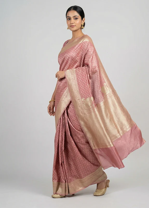 Pink Tissue Silk Saree With Blouse Piece One Size
