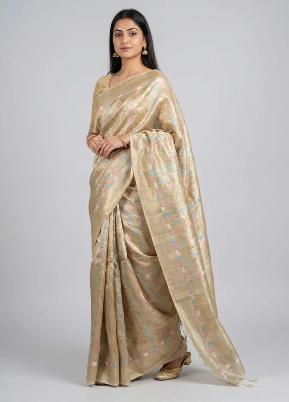 Gold Tissue Silk Saree With Blouse Piece One Size