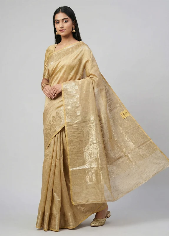 Cream Dupion Silk Saree With Blouse Piece One Size