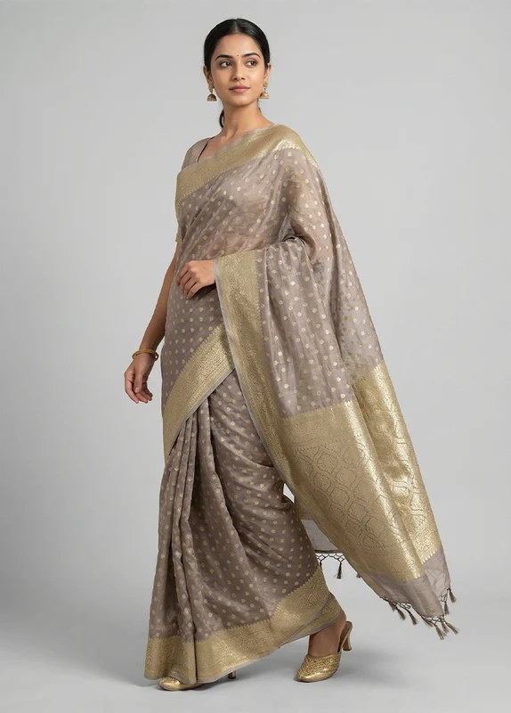 Grey Kora Silk Saree With Blouse Piece One Size